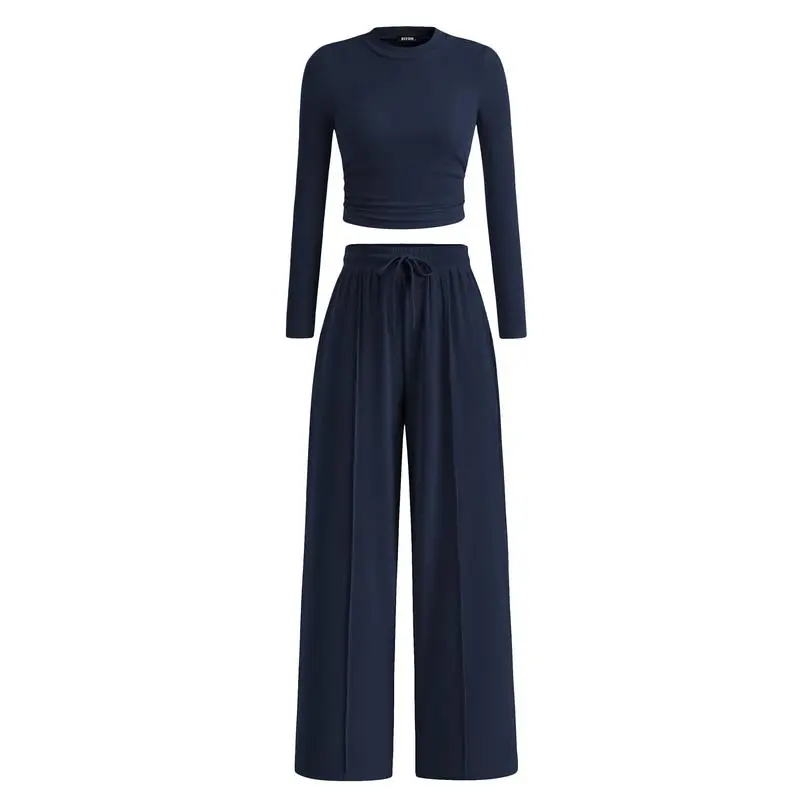 Ribbed Knit Set: Cropped Long-Sleeve Top and Wide-Leg Pants Casual Homewear Set