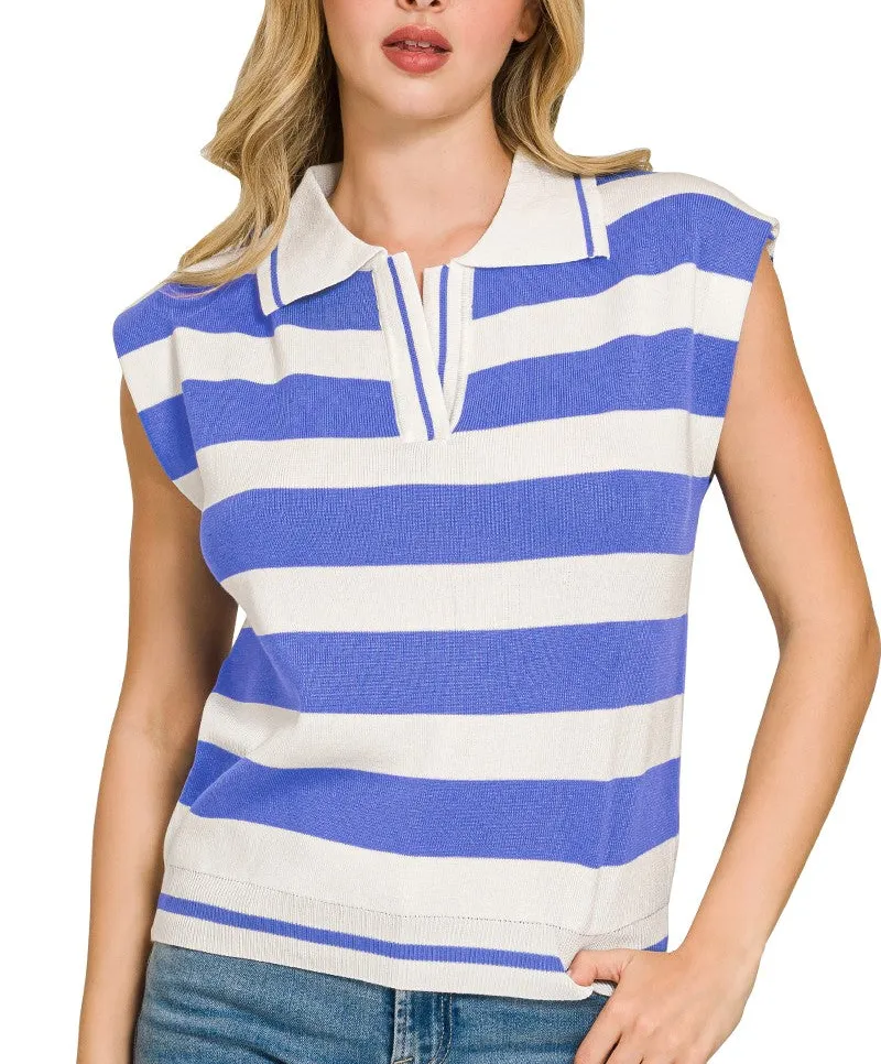 Viscose Striped Collared Sweater Vest