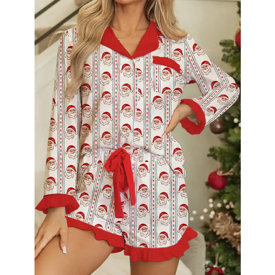 Christmas Santa & Stripes Ruffle Top and Shorts Set