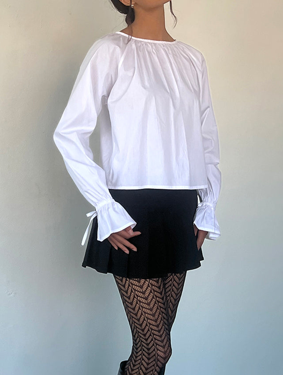 Tie Sleeve Blouse In White Poplin