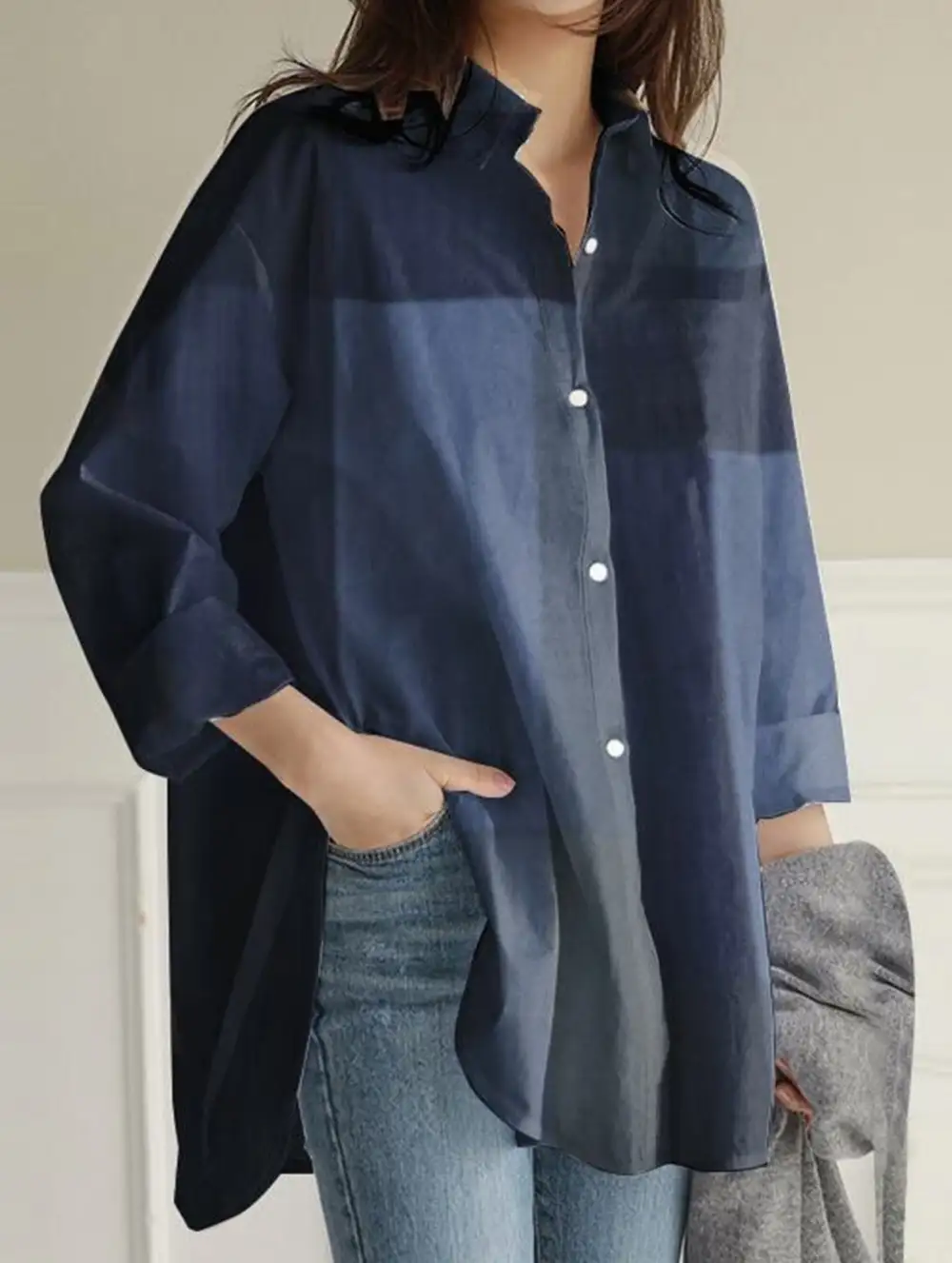 Long-Sleeved Plaid Irregular Shirt