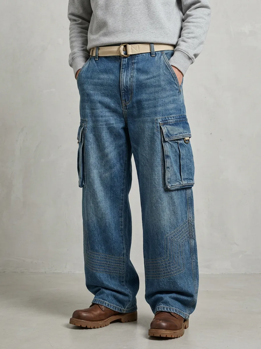 Wide Leg Stitching Detail Vintage-Inspired Men's Loose Fit Jeans