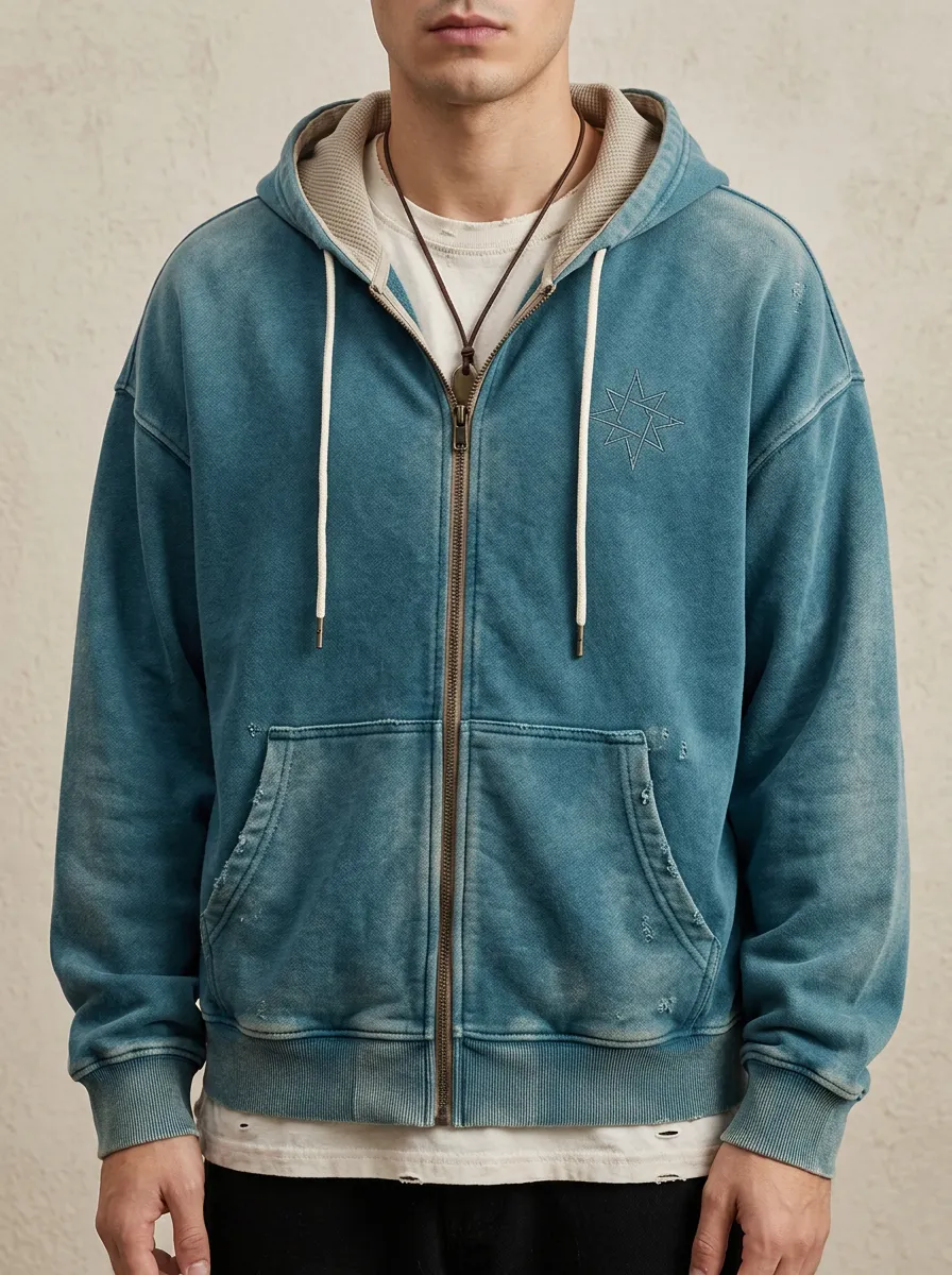 Men's Vintage Blue Star Embroidered Distressed Zip Up Hoodie