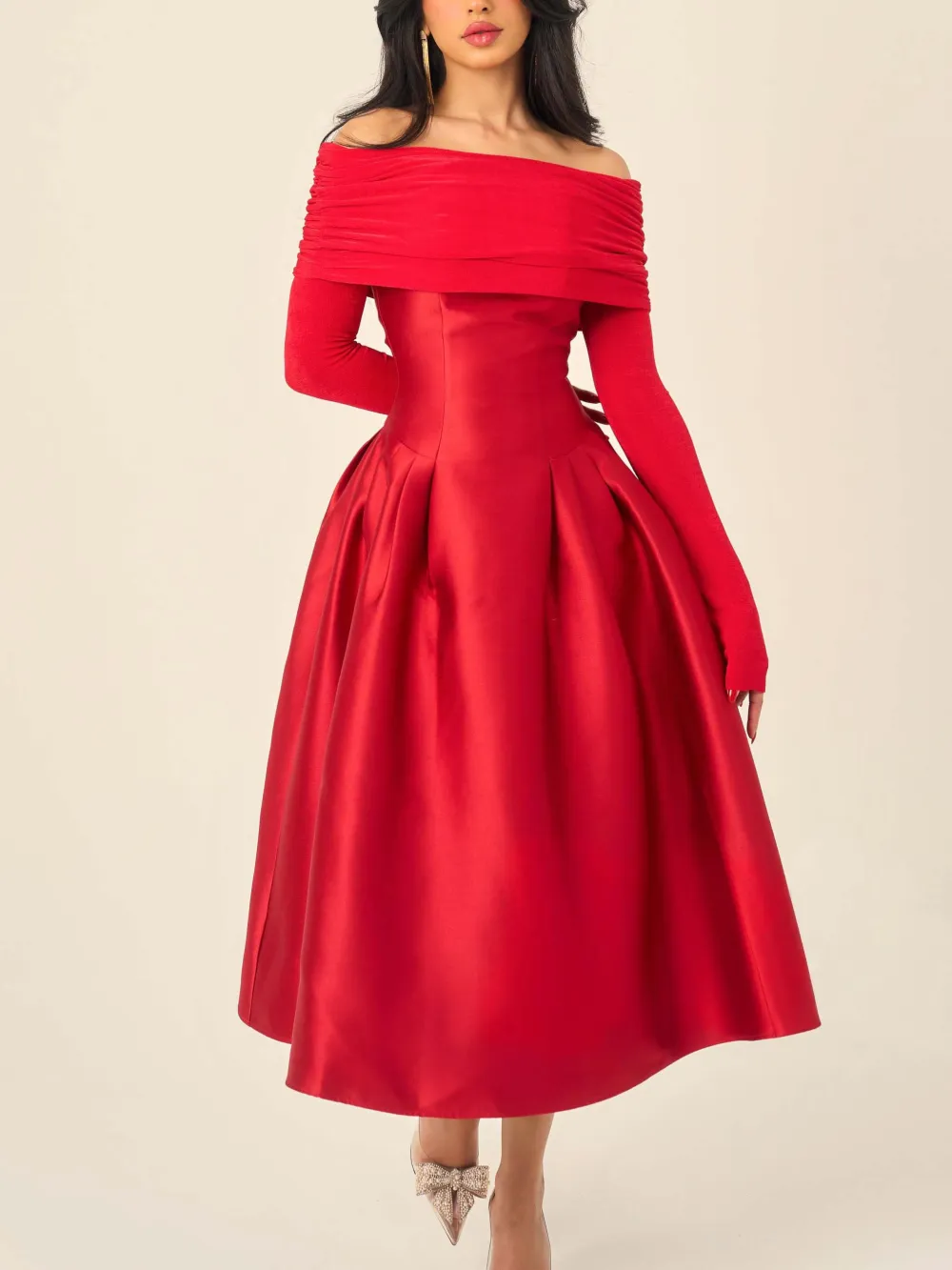 Elegant Off Shoulder Satin Midi Dress