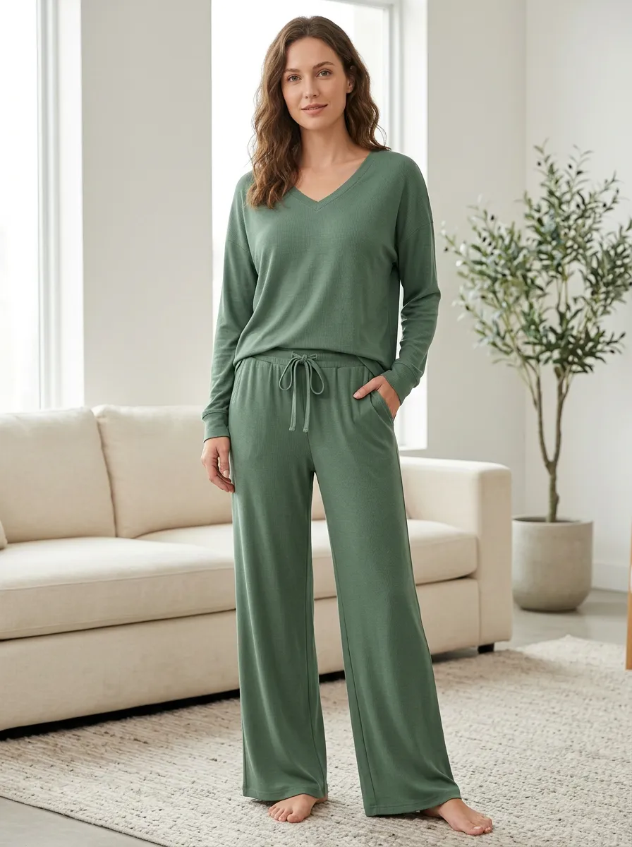 Women's Easy Wear Lounge Ribbed Wide Leg Relaxed Set