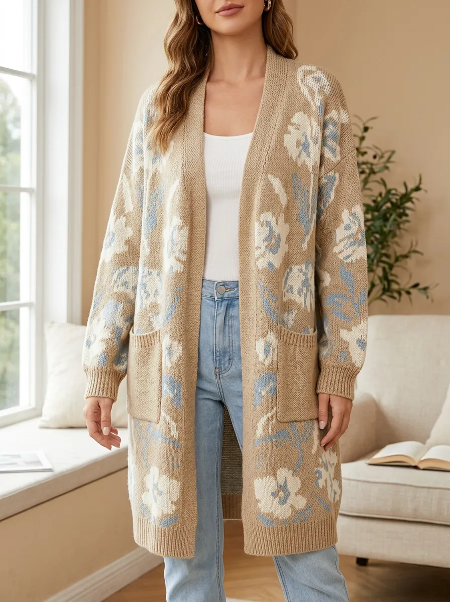 Women's Floral Pattern Knit Allover Floral Jacquard Pattern Long Cardigan