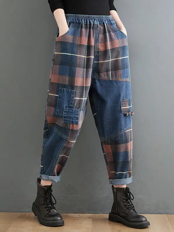 Artistic Retro Plaid Relaxed Fit Harem Elastic Waist Jeans