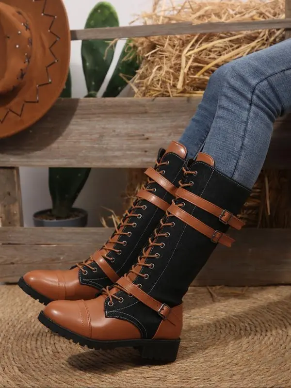 Women's Long Motorcycle Boots, Western Style Round Toe Thick Sole, Durable Comfortable Design, Perfect for Casual Wear