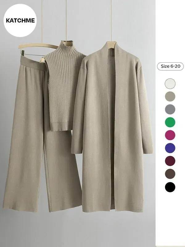 Trendy Knit Turtle Neck Tank & Wide Leg Trousers With Open-Front Long Cardigan Three-Piece Sets