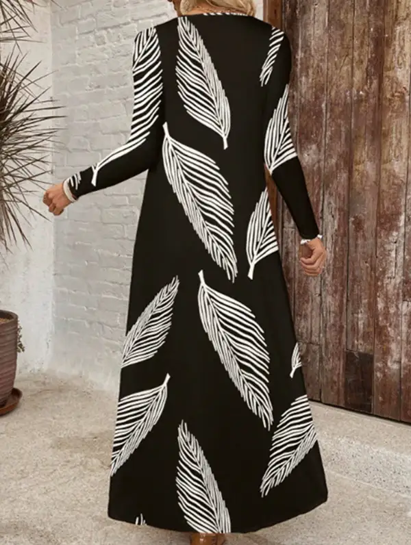 V-Neck Printed Long-Sleeved Maxi Dress