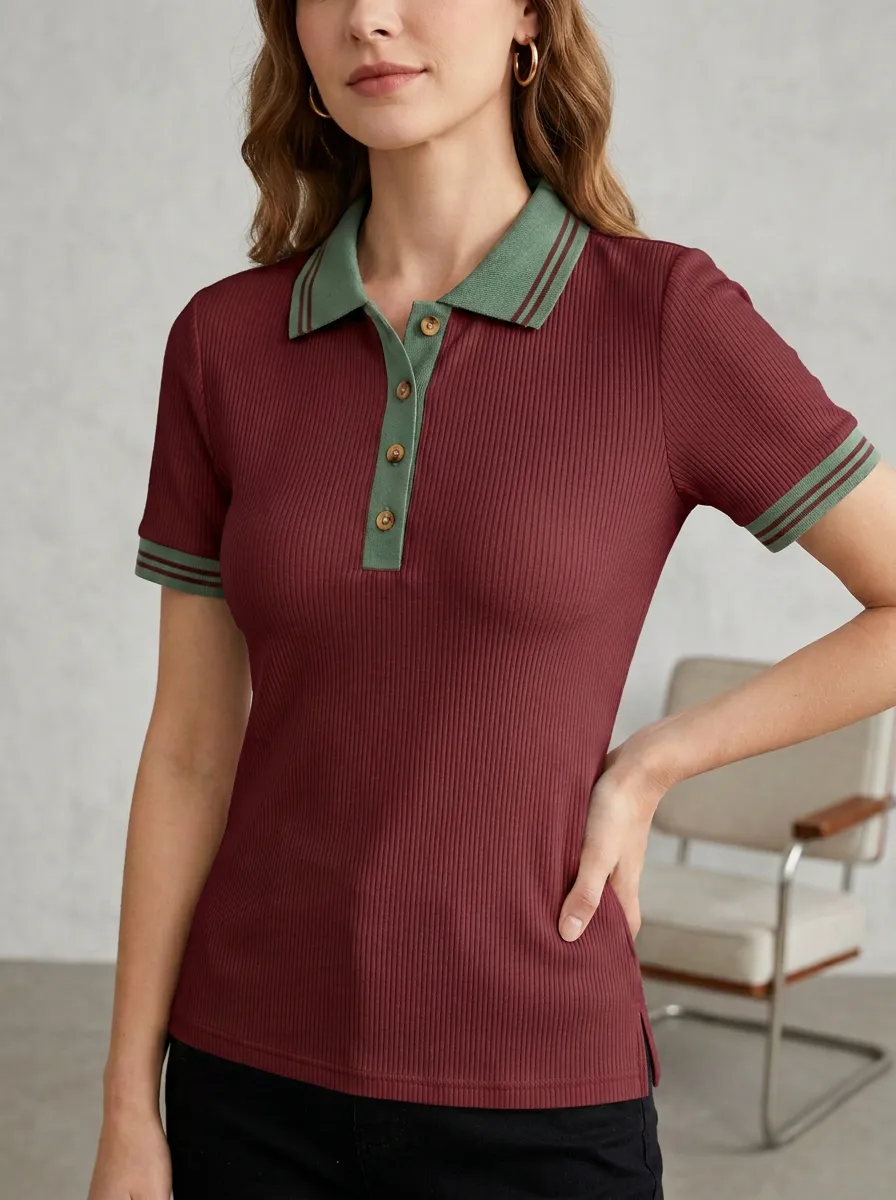 Women's Ribbed-Knit Ribbed Polo Shirt