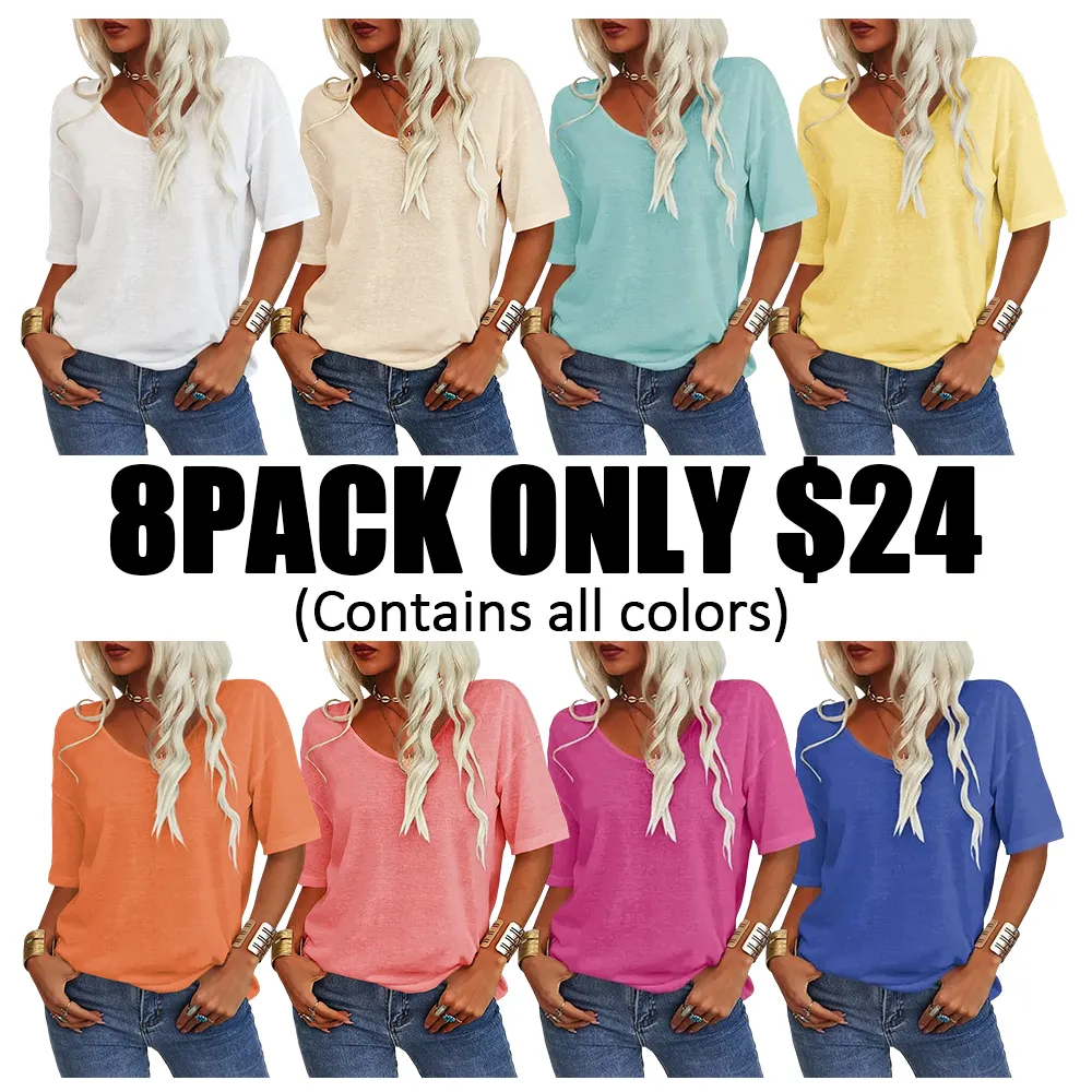 Women's Soft V-Neck Short-Sleeve T-Shirt-🔥8-Pack- Only $24