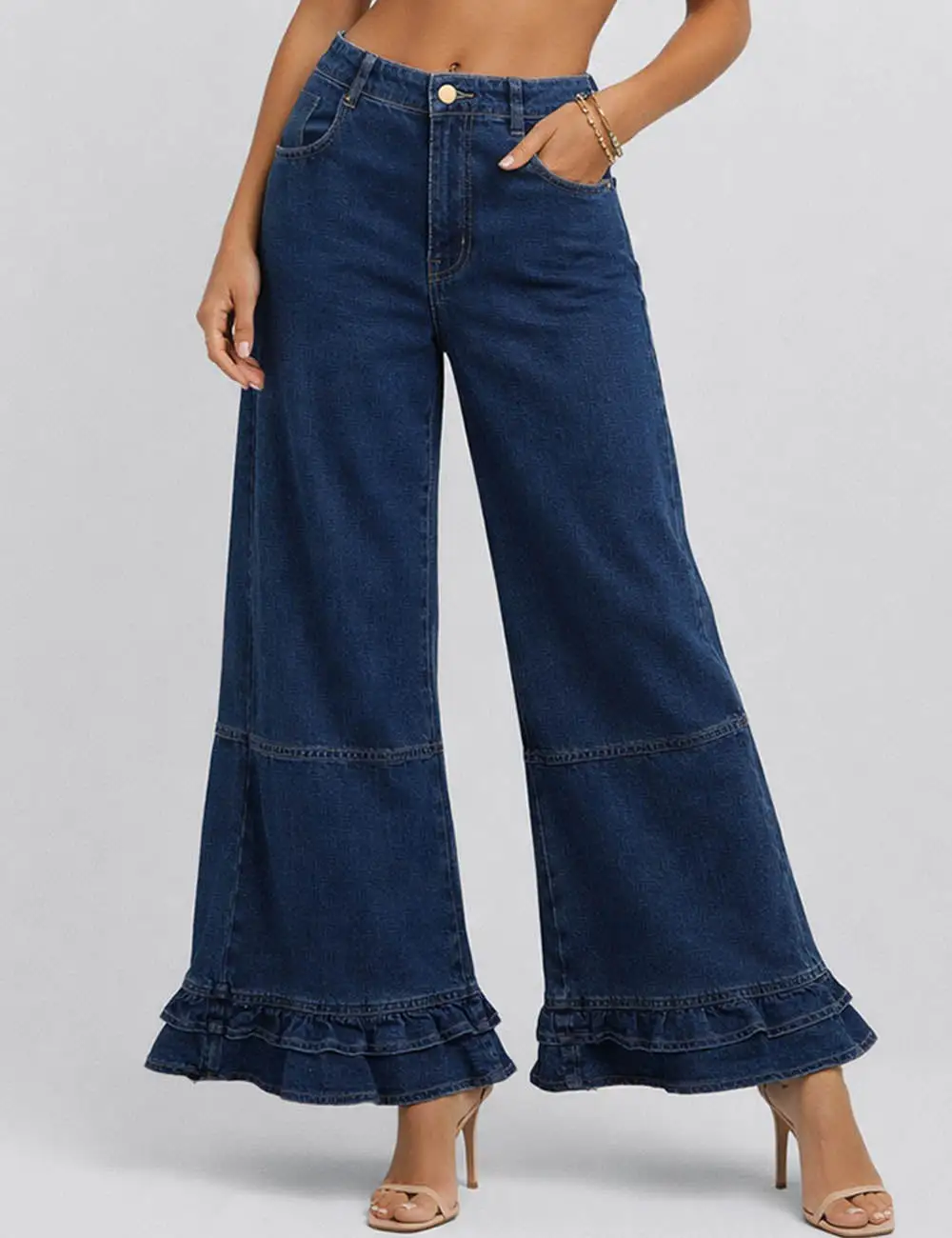 Ruffle Hem Jeans Elastic Waist Wide Leg Denim Pants