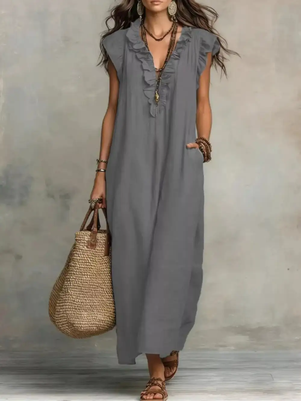 V-Neck Pocketed Maxi Dress