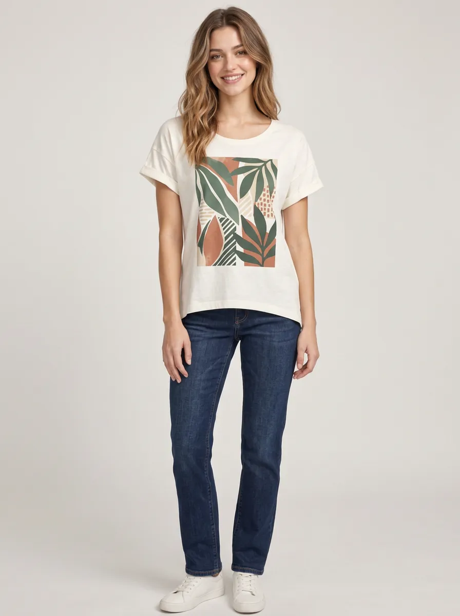 Women's Botanical Abstract Leaf Relaxed Printed Tee
