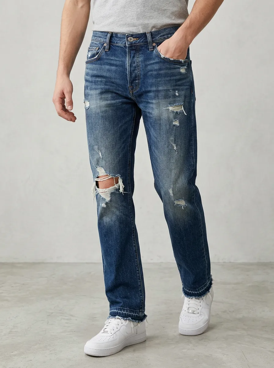 Men's Five Pocket Frayed Hem Ripped Jeans