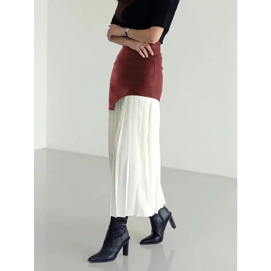 Patchwork Contrast Pleated Skirt