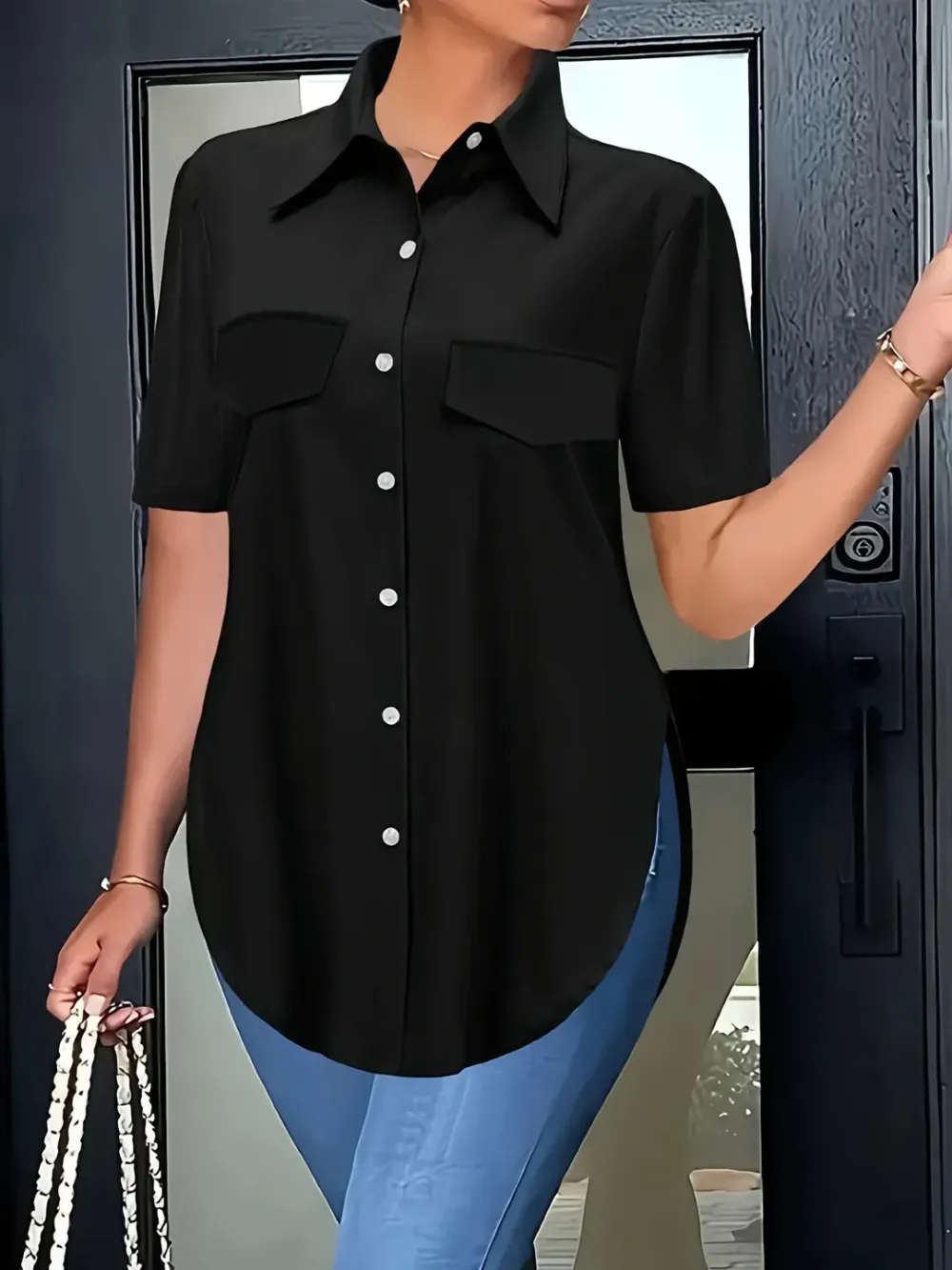 Solid Color Irregular Button Short Sleeve Shirt