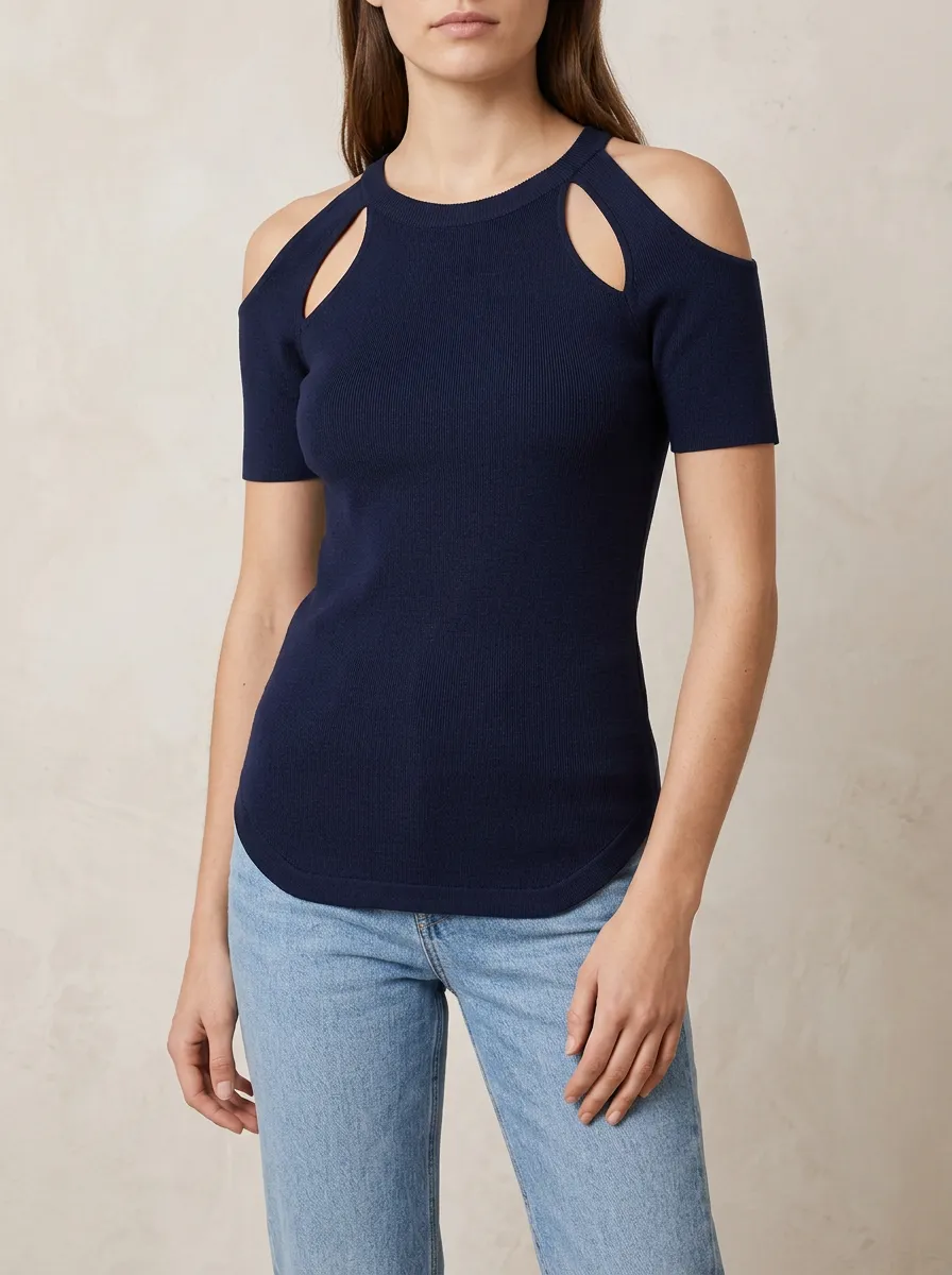 Women's Navy Blue Ribbed Cold Shoulder Short Sleeve Top