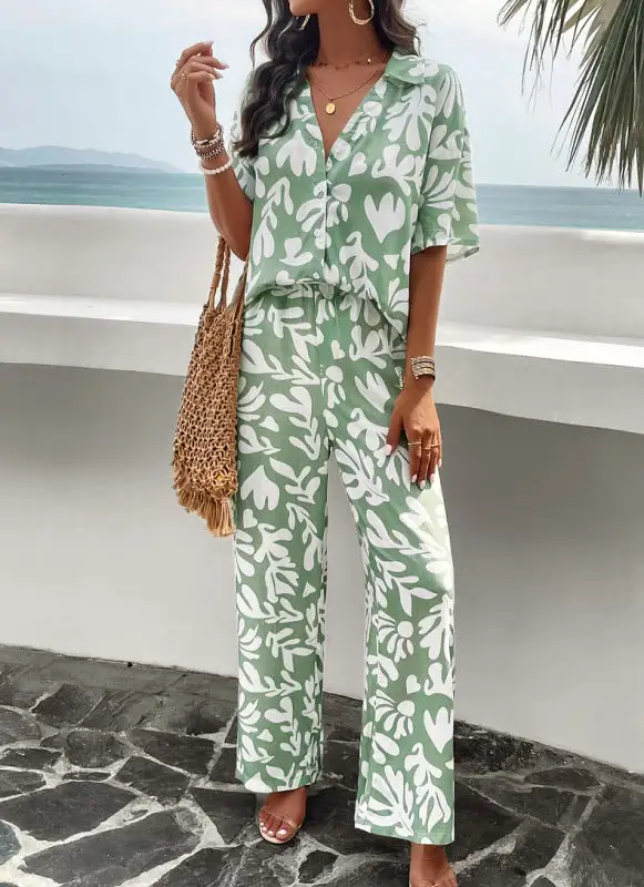 Printed Short Sleeved Trousers Coordinated Suit Shorts