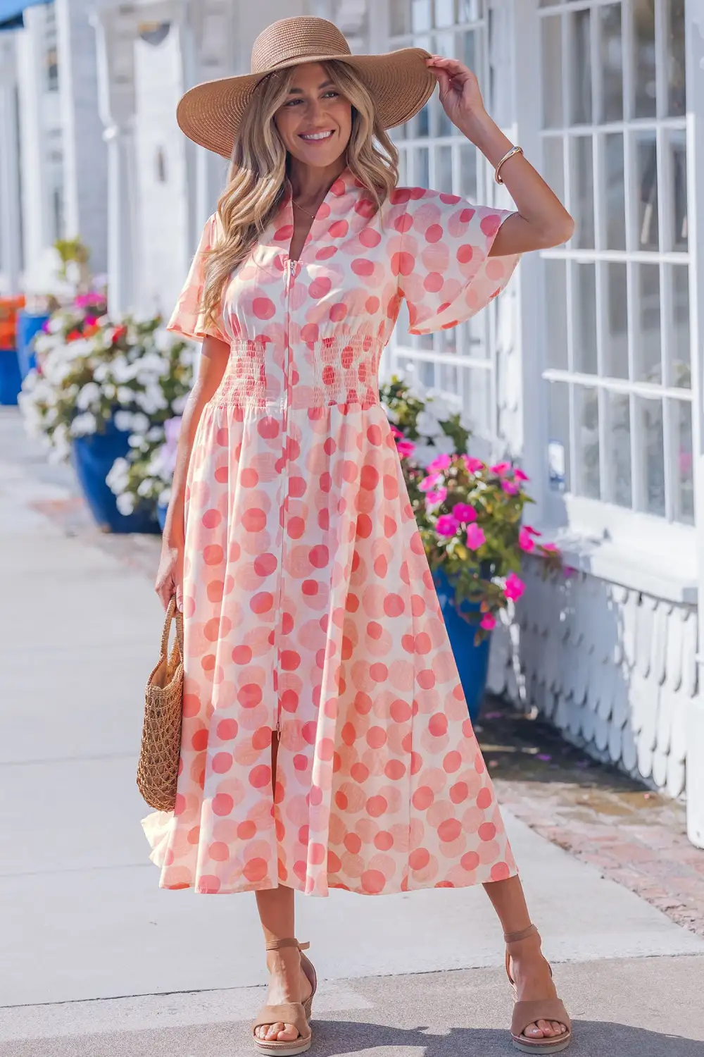 Polka Dot Printed Zip Front Dress Casual
