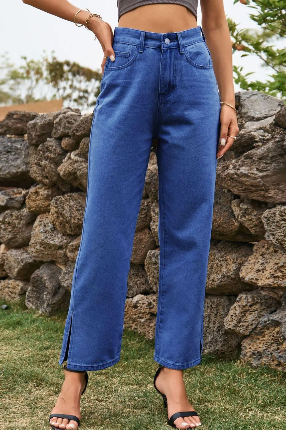 High Waist Loose Fit Slit Denim Jeans
