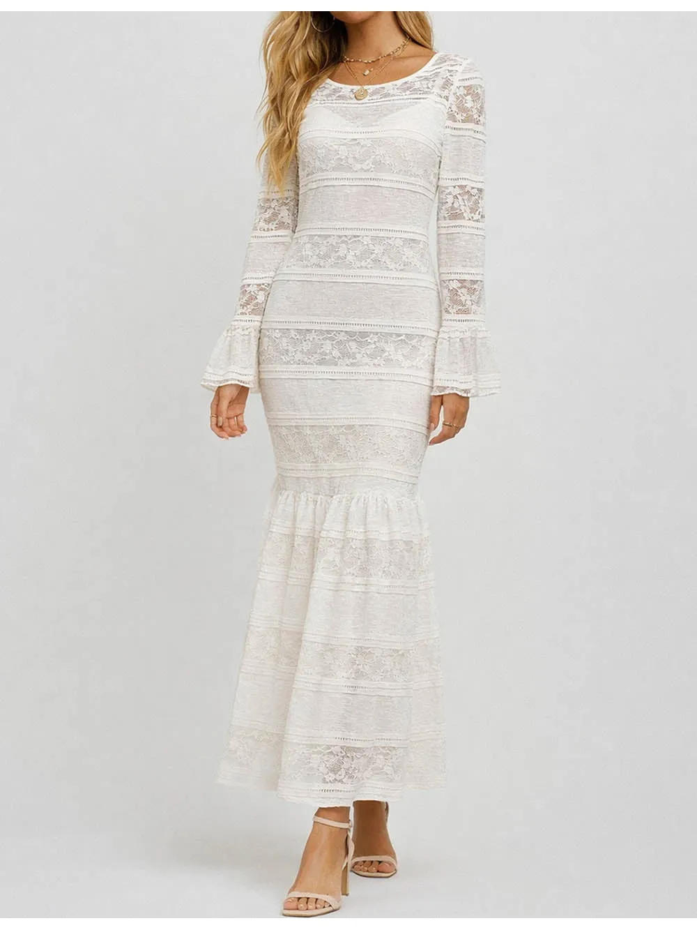 Lace Round Neck Flared Sleeves Bodycon Maxi Dress