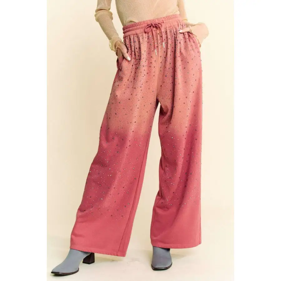 Classic Rhinestone Drawstring Wide Leg Pants