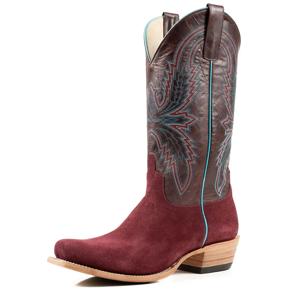 Classic Faux-Suede Faux-Leather Embroidered Square-Toe Mid-Calf Boots