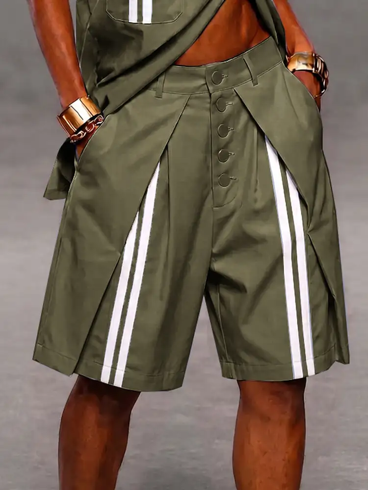 Men's Casual Patchwork Detail Button Front Stripe Shorts
