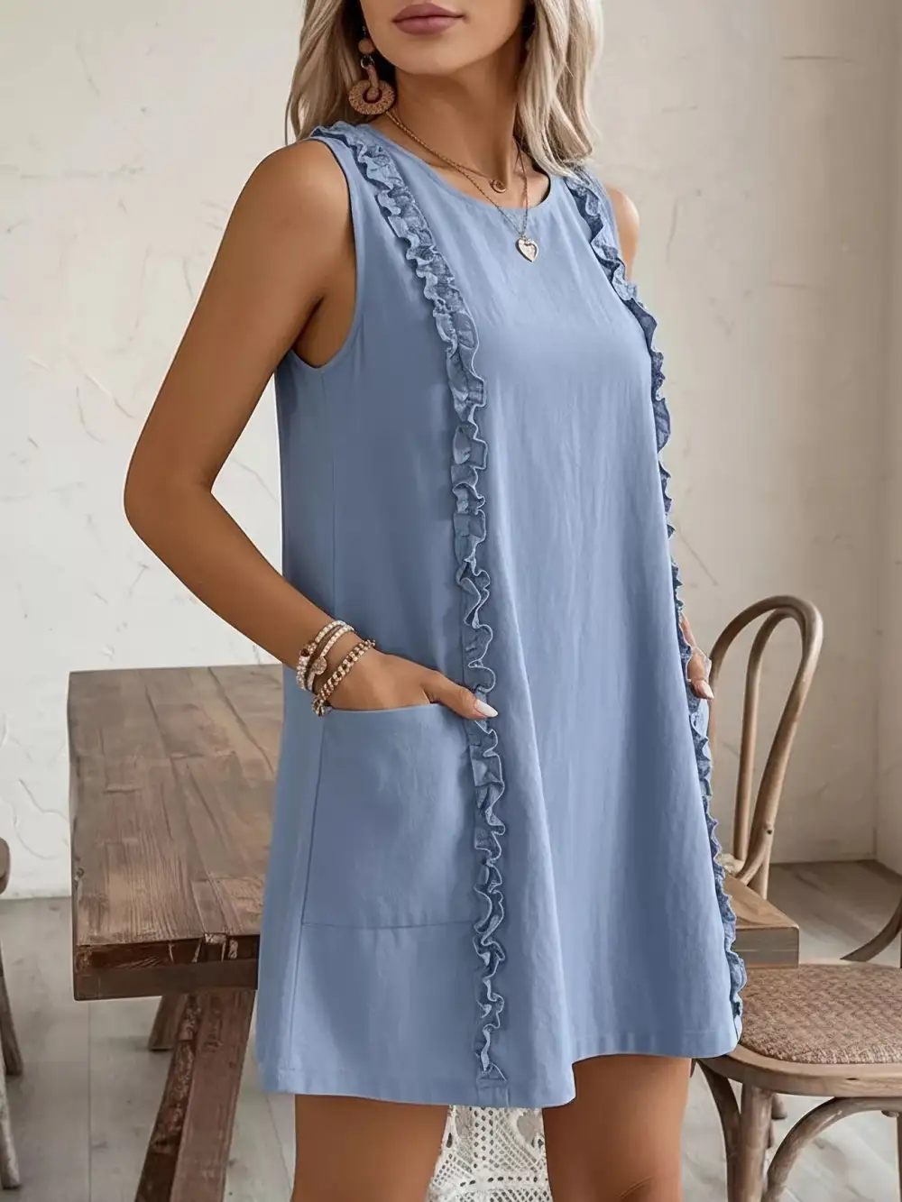 Round Neck Ruffle Sleeveless Dress Casual