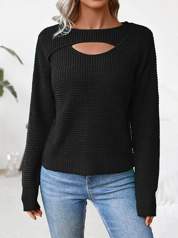 Openwork Paneled Round Neck Long Sleeve Relaxed Fit Pullover Sweater