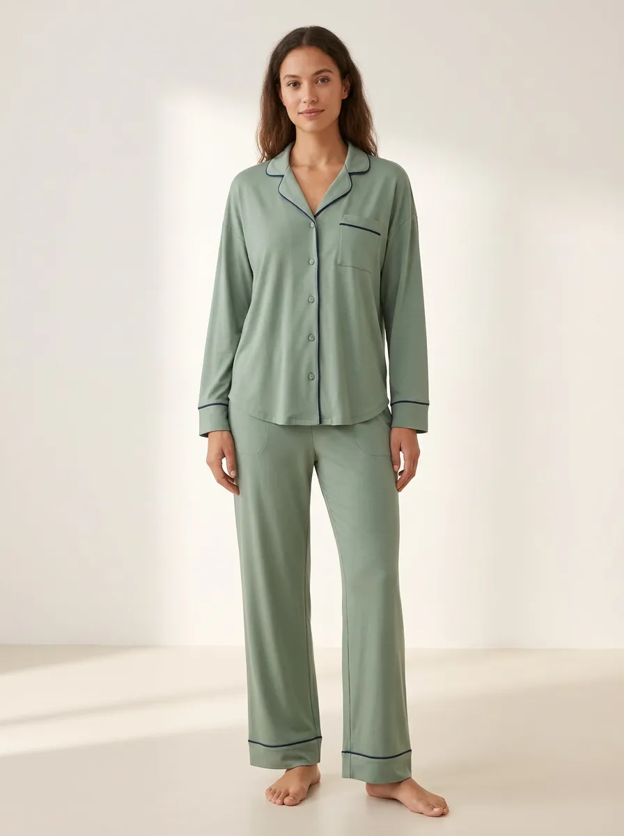 Women's Contrast-Piped Side-Pocket Straight-Leg Pajama Set