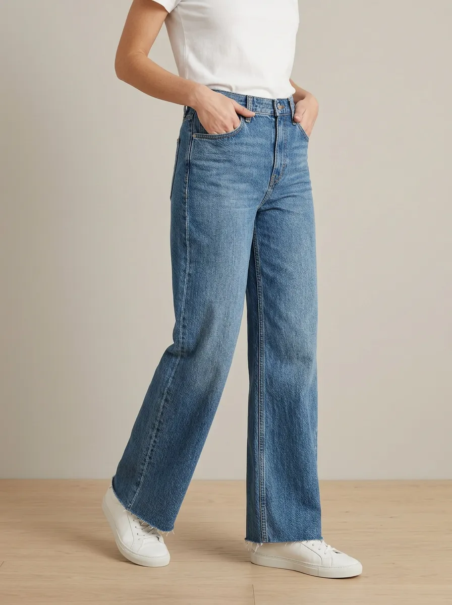 Women's Wide Leg Raw Hem High Rise Denim Jeans
