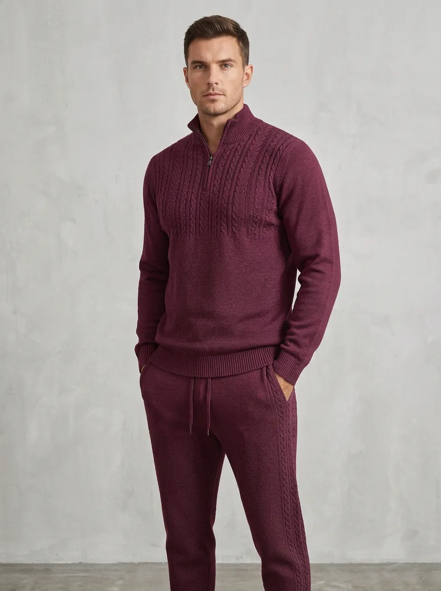 Cable-Knit Quarter-Zip Tracksuit Men's Quarter-Zip Knit Tracksuit Set