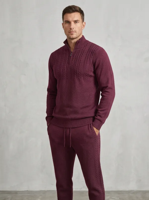 Cable-Knit Quarter-Zip Tracksuit Men's Quarter-Zip Knit Tracksuit Set