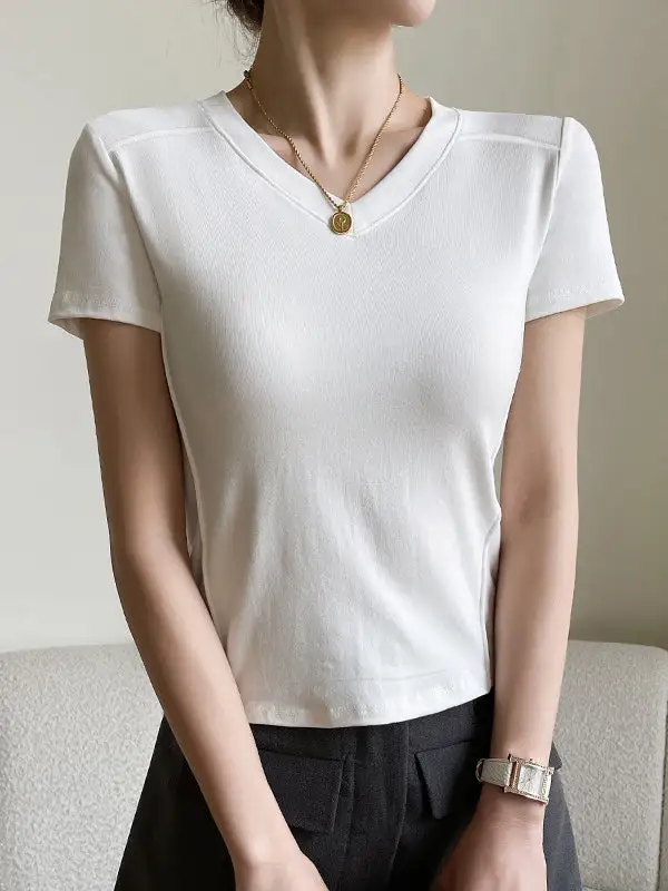 Short Sleeve Slim Fit Panel Detail V-Neck T-Shirt