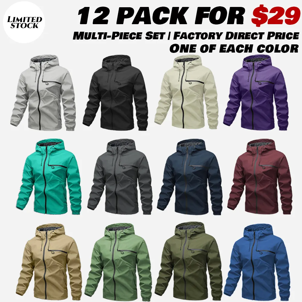 Men's Plain Waterproof Windproof Drawstring Zip Up Hooded Jacket, Casual Long Sleeve Zipper Pocket Design Outerwear for Outdoor Activities, Men's Clothes for All Seasons, Menswear m 65 jacket Stripe Print Baseball Bomber Jacket