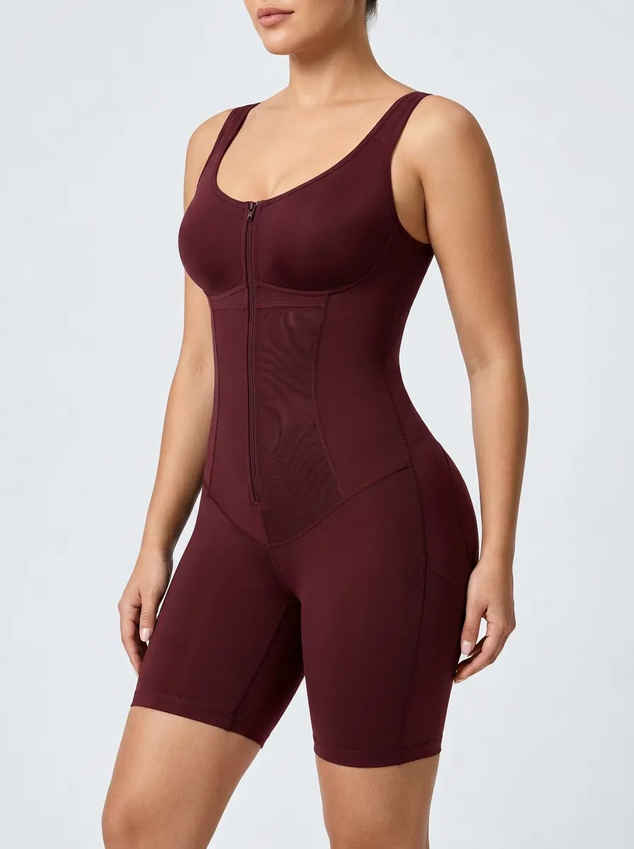 Women's Tummy Control Mesh Panel Zippered Bodysuit Shapewear