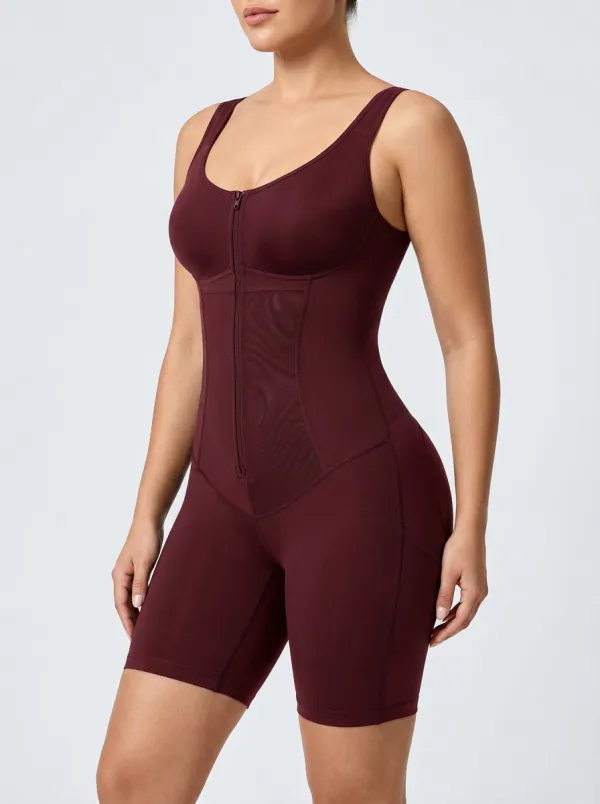 Women's Tummy Control Mesh Panel Zippered Bodysuit Shapewear