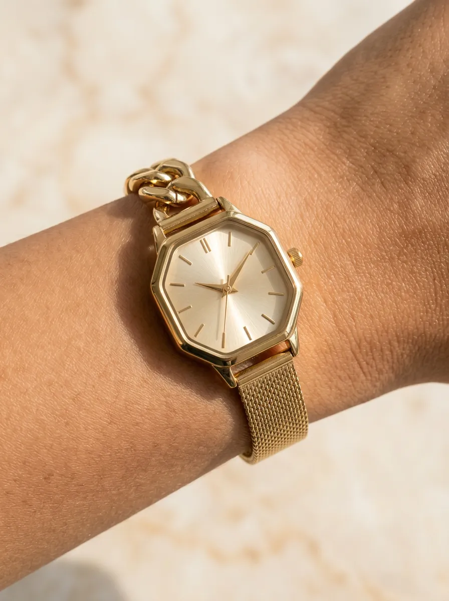 Gold Hexagonal Case Chain-link Watch