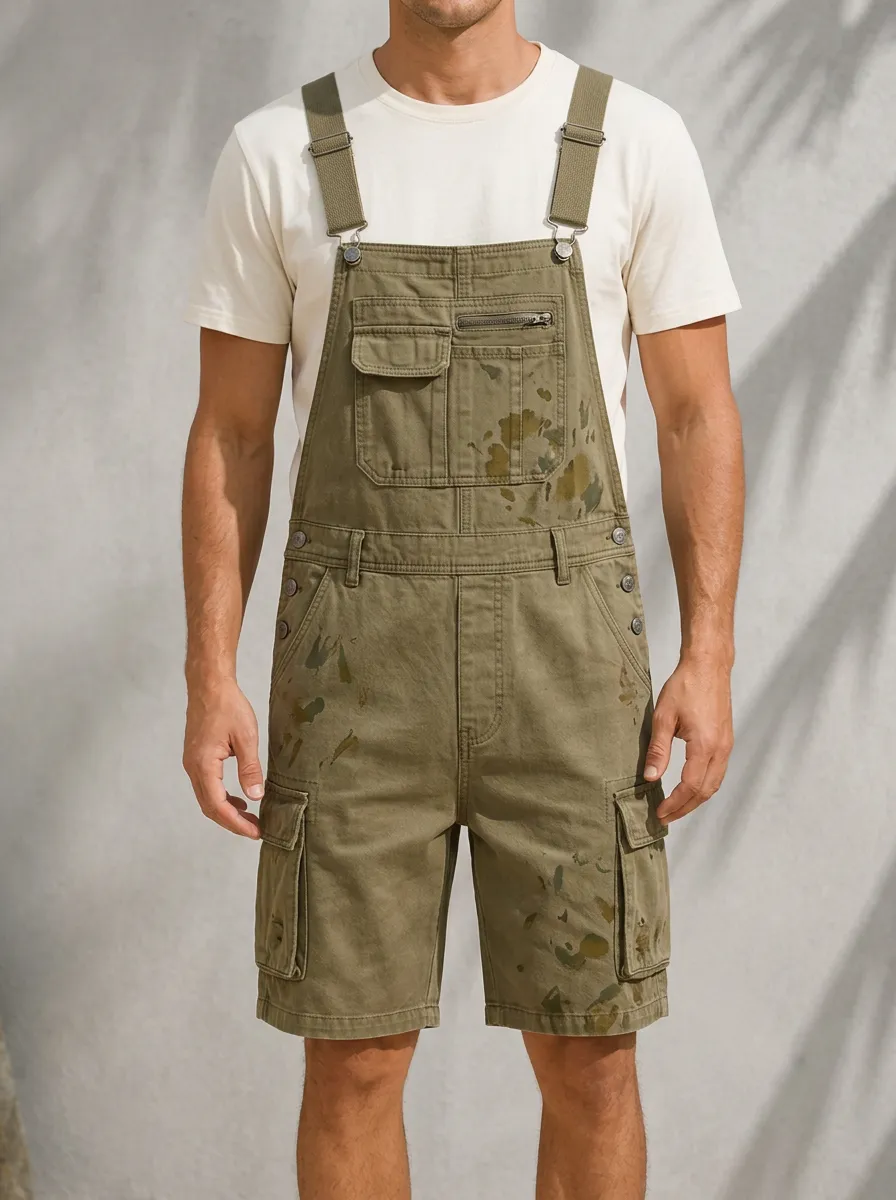 Men's Casual Workwear Olive Paint Splatter Printed Cargo Overalls Shorts