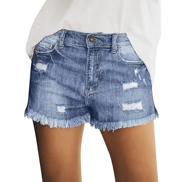 Women's Casual Mid Rise Denim Shorts Stretch Ripped Raw Hem Jean Shorts