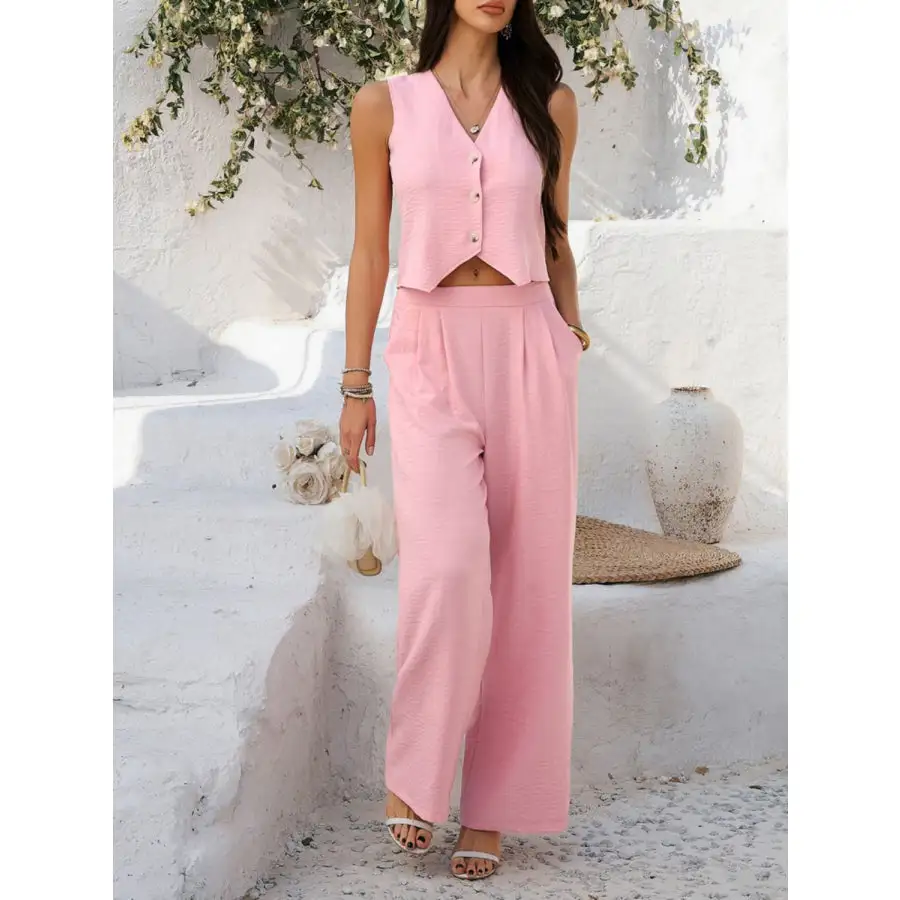 Button Down Vest and Wide Leg Pants Set