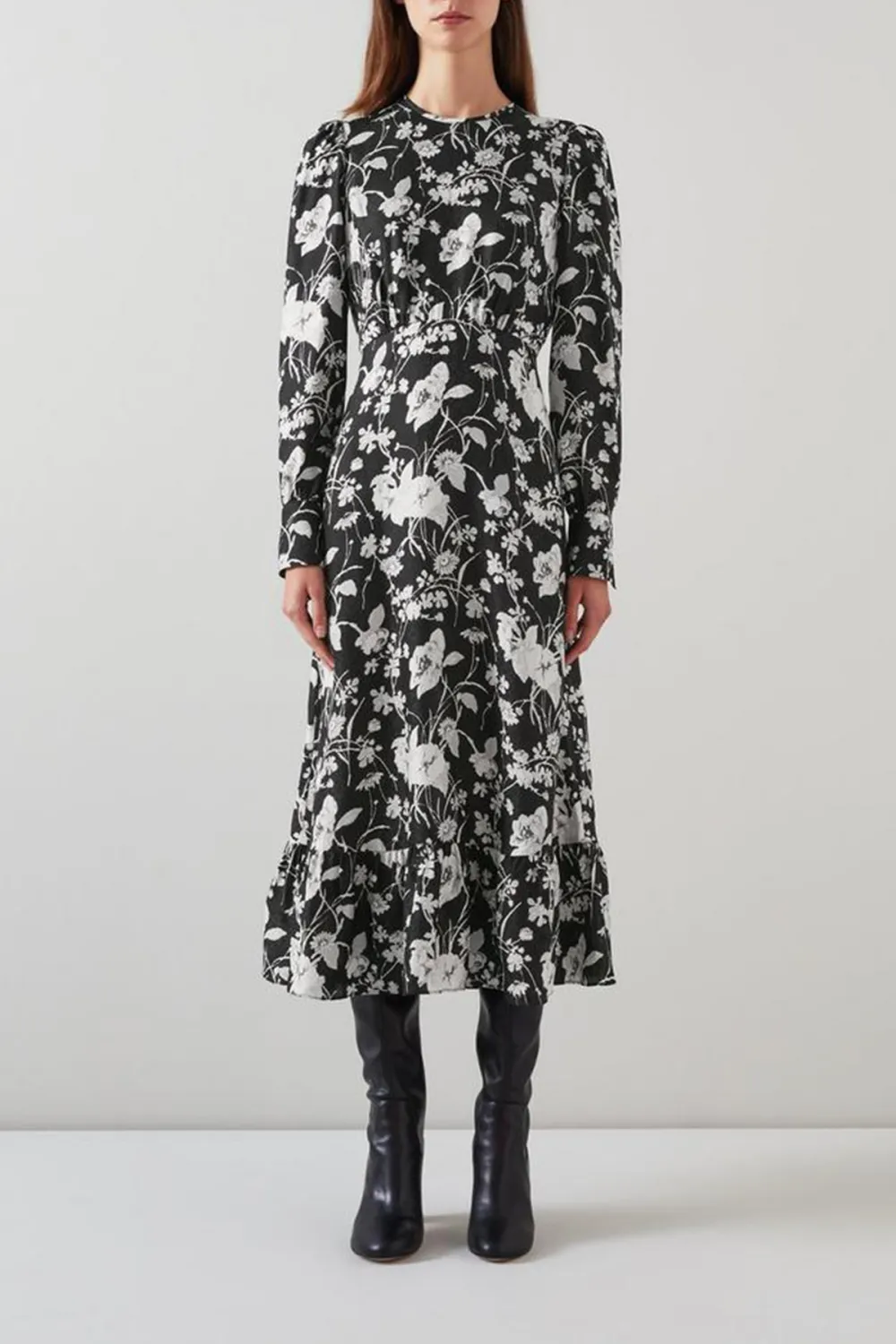 Black White Floral Print Long Sleeve Midi Dress