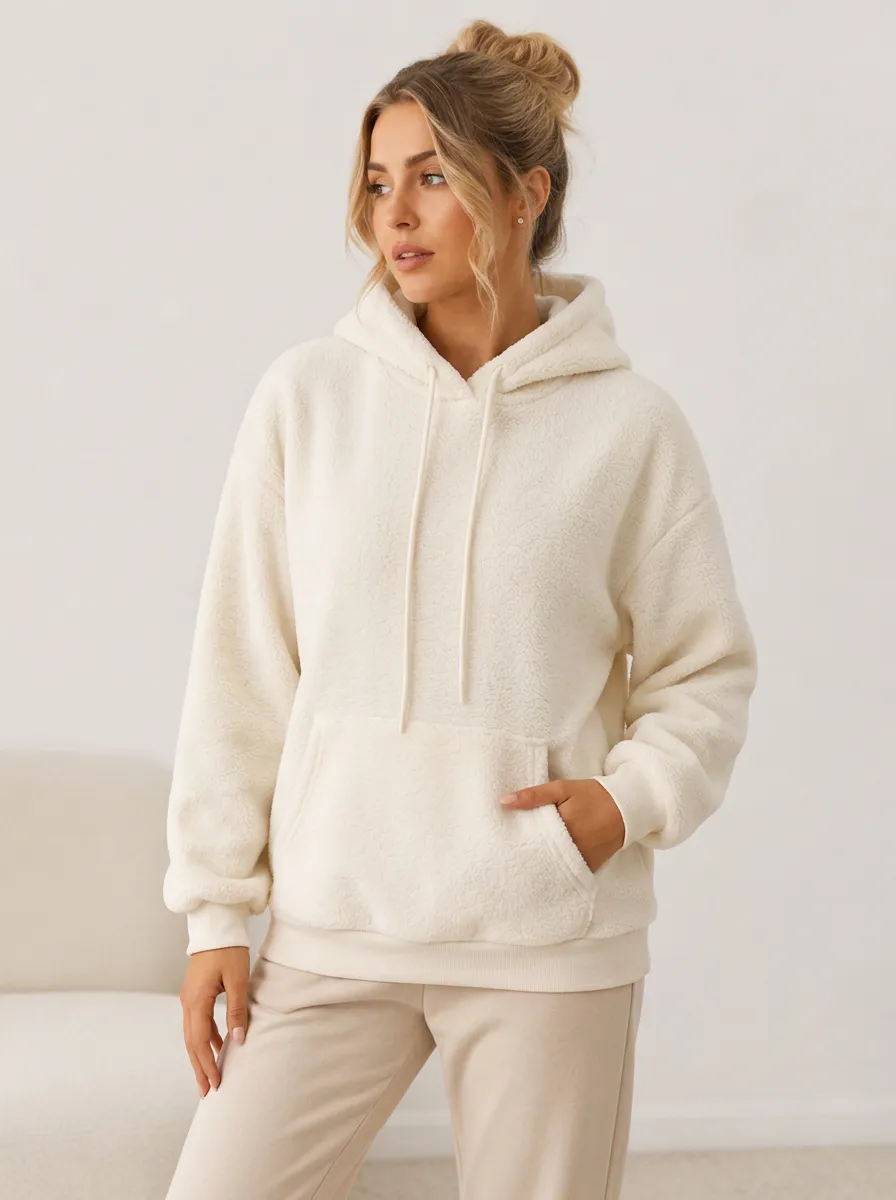 Women's Casual Cozy Cream Faux Fur Fleece Pullover Hoodie