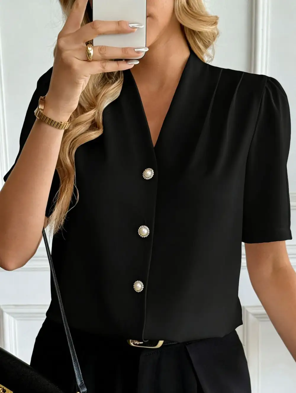 V Neck Button Short Sleeve Shirt