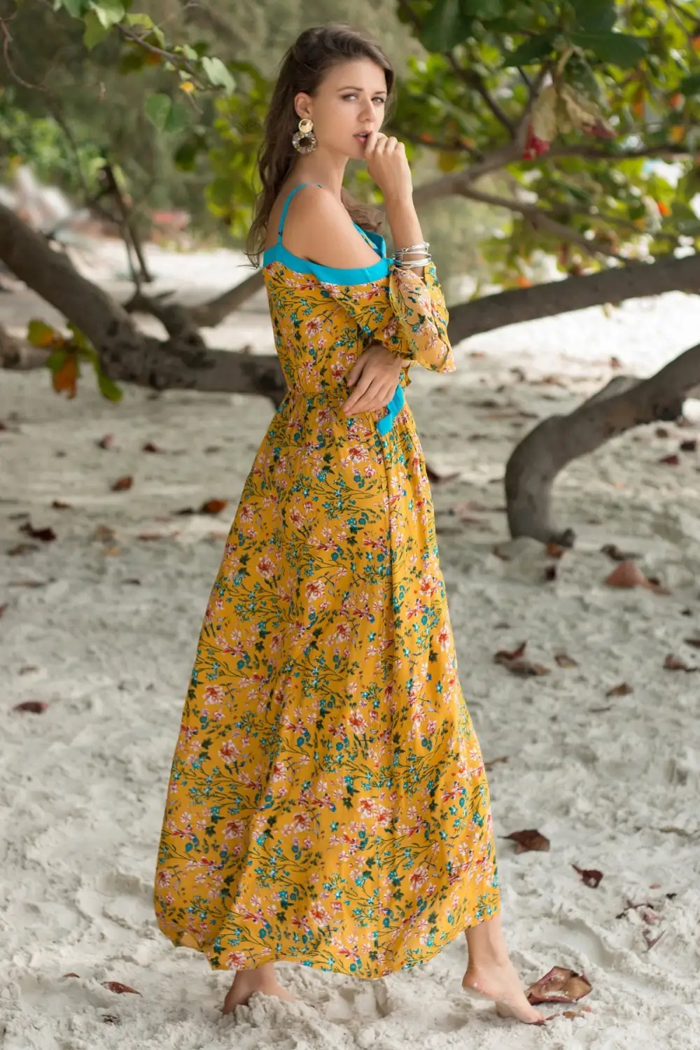 Boho Off-the-shoulder Strap Long-sleeved Printed Dress Beach Casual Holiday Long Dress