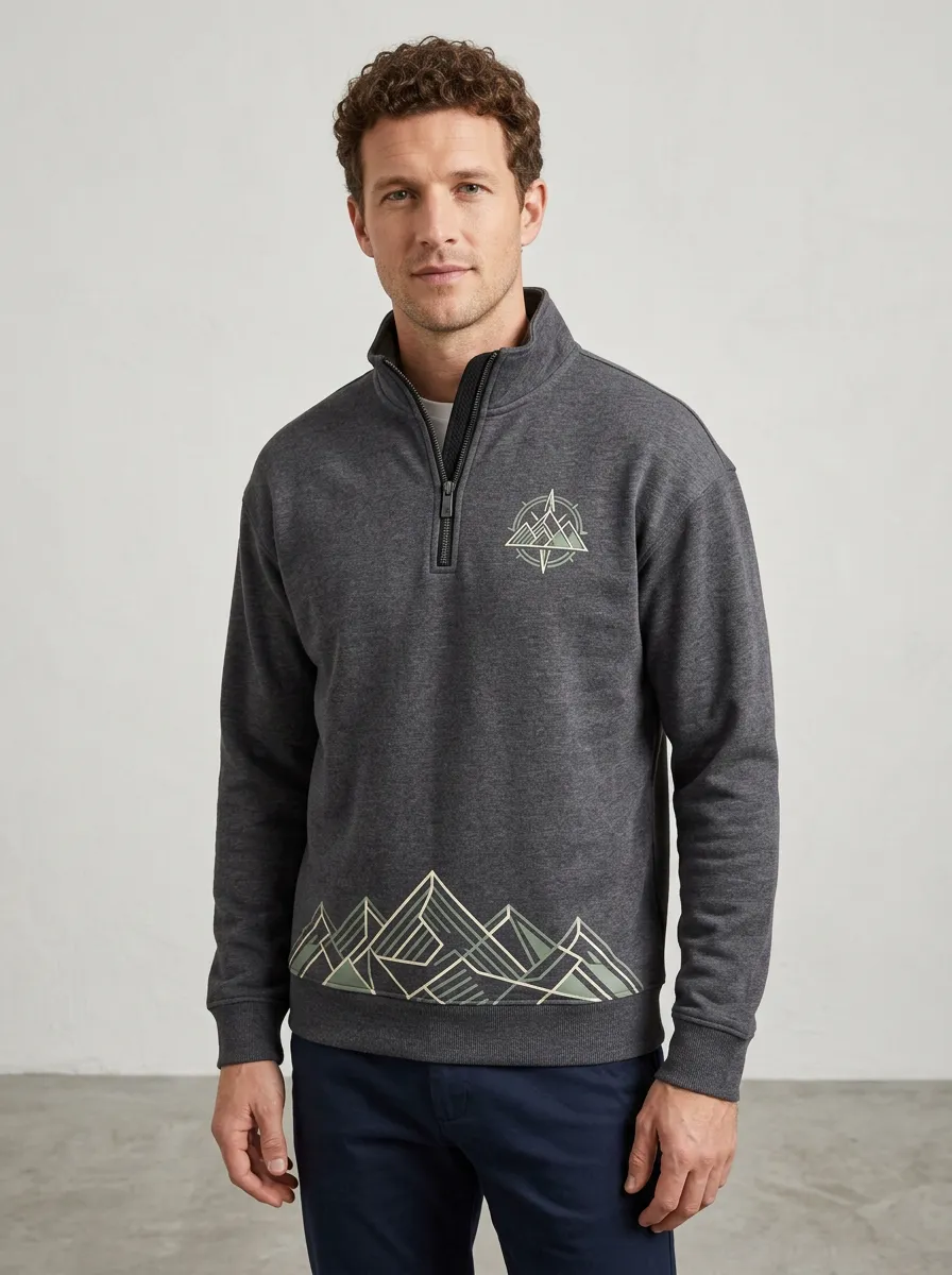 Men's Mountain Hiking Compass Graphic Quarter-Zip-Neck Sweatshirt