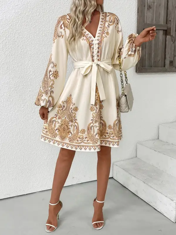 Lightweight Feel Printed Tie Waist Long Sleeve Dress